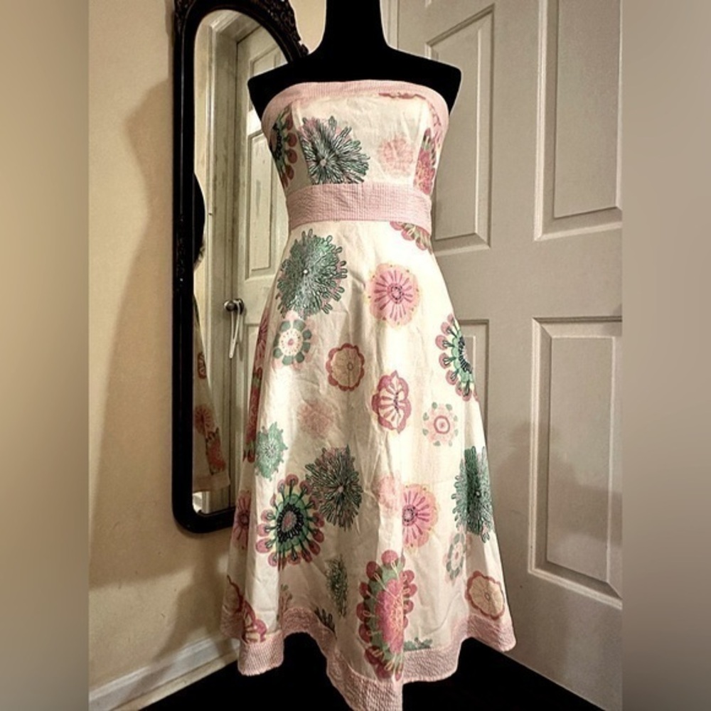 Strapless Floral A-Line Dress in Cream and Pink
